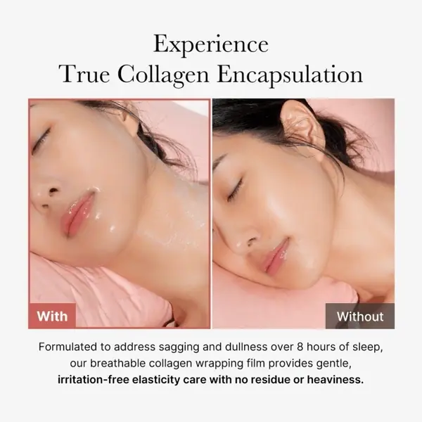 Medicube Collagen Night Wrapping Mask with and without the wrapping film