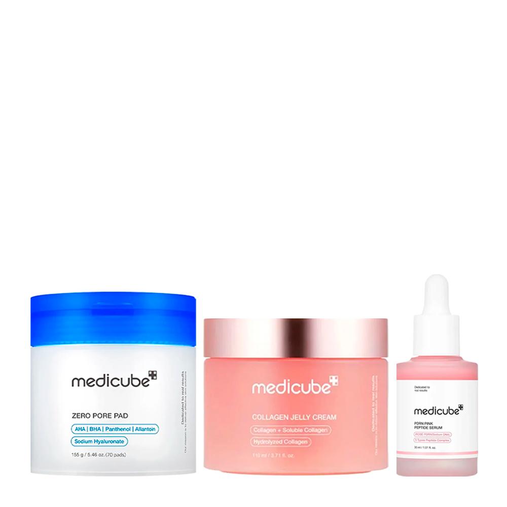Medicube Daily Glow Trio: Zero Pore Pads + PDRN Pink Peptide Serum + Collagen Niacinamide Jelly Cream