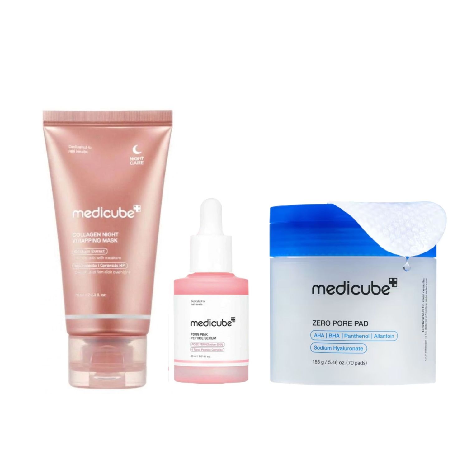 Medicube Glass Skin Trio (Mild): Zero Pore Madecassoside Pads (Mild) + PDRN Pink Peptide Serum + Collagen Night Wrapping Mask